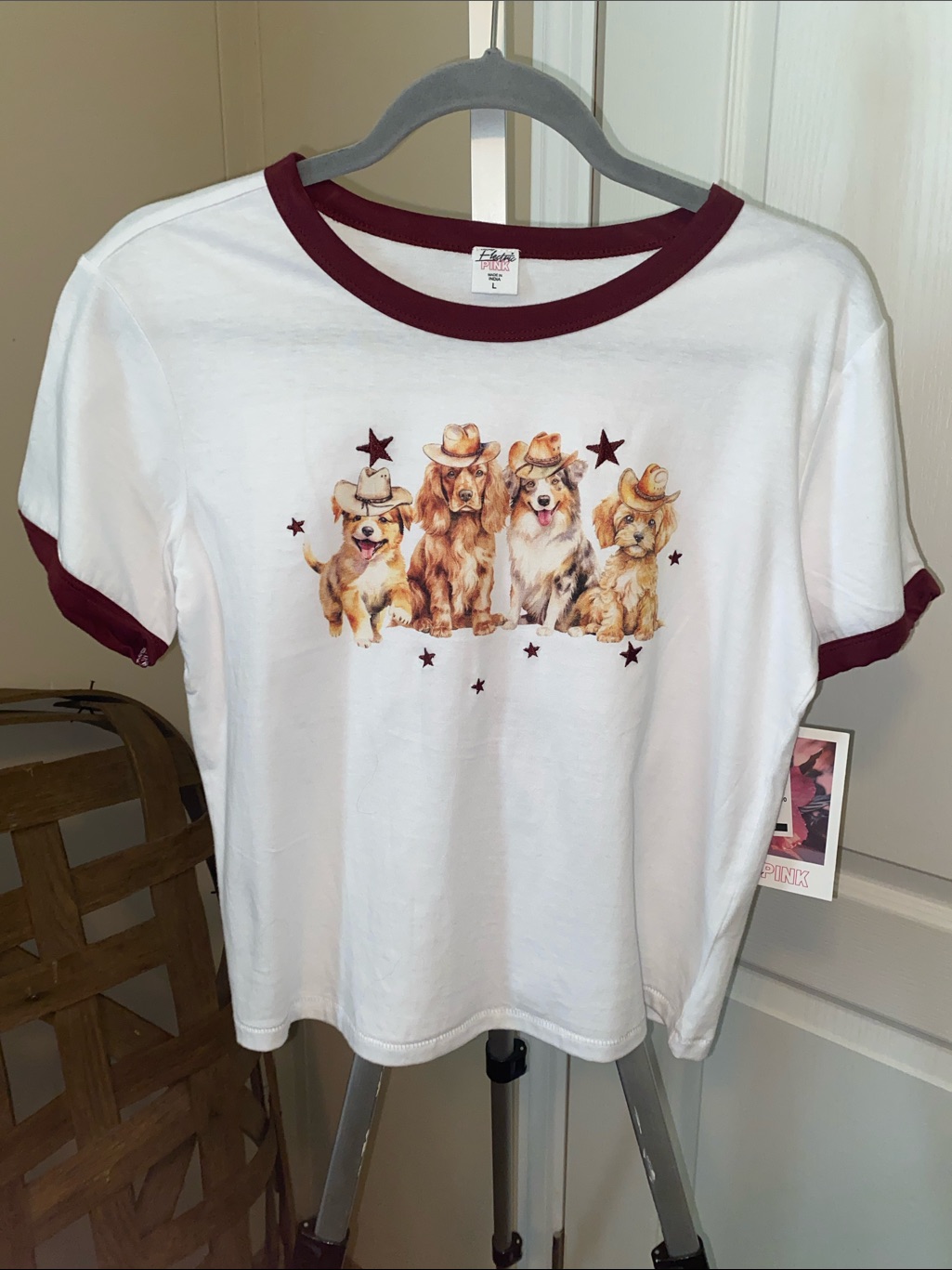 Embroidered Pup Print Ringer - White Tee